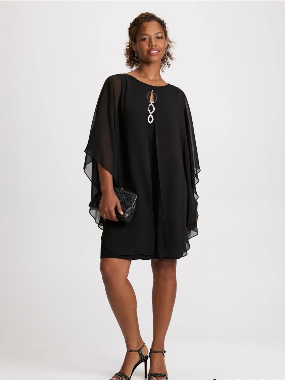 Connected Apparel Black Sheer Poncho Like Midi Dress Embellished Keyhole